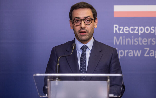 French Foreign Minister Stephane Sejourne speaks during a joint press conference with his Polish counterpart in Warsaw, on January 15, 2024. (Wojtek Radwanski/AFP)