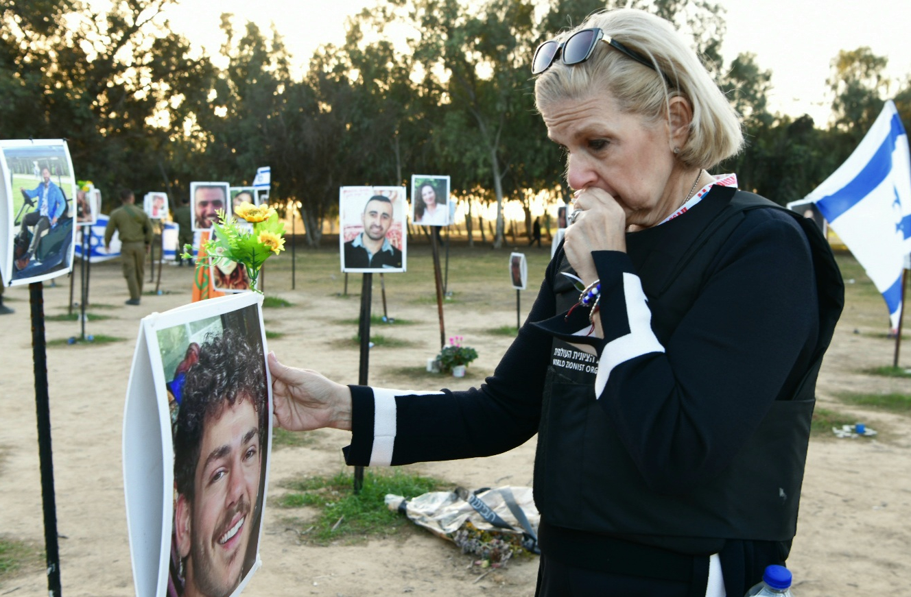 National Hadassah president Carol Ann Schwartz visits the site of the October 7, 2023 Hamas massacre at the Supernova music festival site, January 2024. (Avi Hayun)