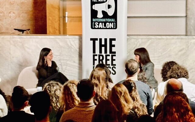 Bari Weiss, left, interviews former MK Einat Wilf as part of a series hosted with the Tel Aviv International Salon, at the Jaffa Hotel Chapel, January 28, 2024. (Courtesy of the Tel Aviv International Salon)