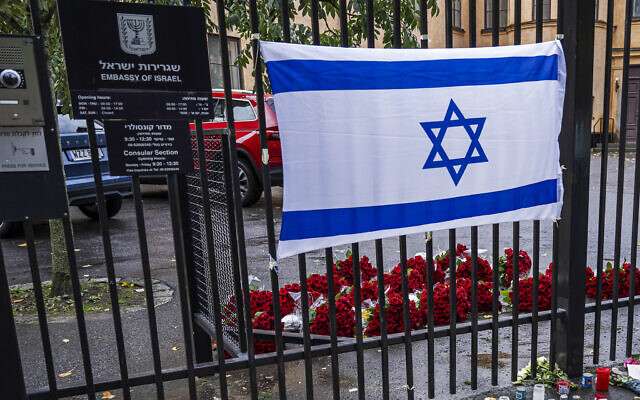 File: Around 900 red roses were placed at the Israeli embassy in Stockholm in solidarity and support with the country on October 11, 2023. (Jonathan Nackstrand/AFP)
