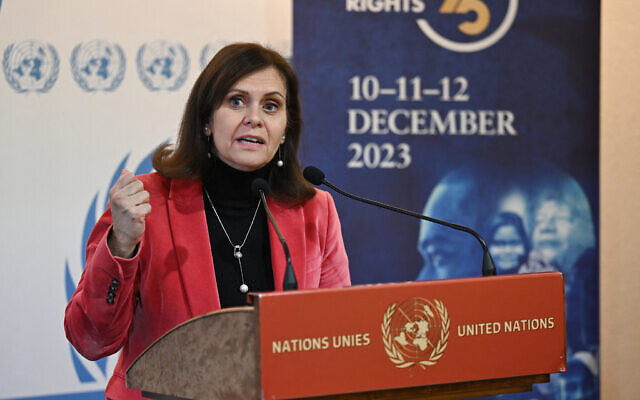 Israel's Ambassador to the UN Meirav Eilon Shahar gives a press briefing during an event to mark the 75th anniversary of the Universal Declaration of Human Rights, at the United Nations Offices, in Geneva on December 12, 2023. (Photo by Fabrice COFFRINI / AFP)