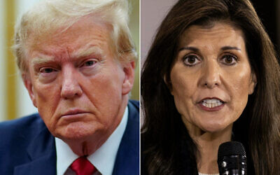 This combination of pictures created on January 21, 2024 shows former US President Donald Trump (L) arriving at the New York State Supreme Court during the civil fraud trial against the Trump Organization, in New York City on December 7, 2023; and Republican presidential hopeful and former UN Ambassador Nikki Haley speaking during a campaign event at the Olympic Theatre in Cedar Rapids, Iowa, on January 11, 2024. (Eduardo Munoz Alvarez and Christian Monterrosa/AFP)
