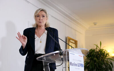 French far right party Rassemblement National (RN) leader Marine Le Pen during a press conference in Paris, on January 25, 2024. (ALAIN JOCARD / AFP)