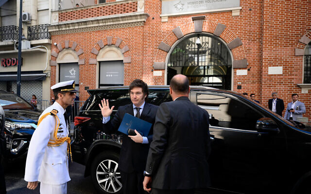 Argentina's President Javier Milei arrives at the Holocaust Museum in Buenos Aires to attend an event to commemorate International Holocaust Day, on January 26, 2024. (Luis Robayo/AFP)