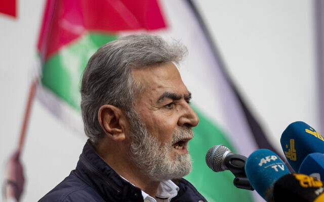 Ziad Nakhaleh, leader of Palestinian Islamic Jihad, speaks during a rally organized by Lebanon's Hezbollah terror group to express solidarity with the Palestinian people, in the southern suburb of Beirut, Lebanon, May 17, 2021. (AP Photo/Hassan Ammar)