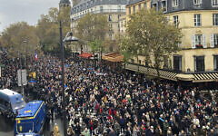 Thousands gather for a march against antisemitism in Paris, France, November 12, 2023. (AP Photo/Sylvie Corbet)