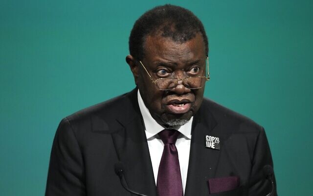 Namibia President Hage Geingob speaks during a plenary session at the COP28 UN Climate Summit, December 1, 2023, in Dubai, United Arab Emirates. (Peter Dejong/AP)