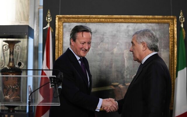 Italian Foreign Minister Antonio Tajani meets with British Foreign Minister David Cameron during a press point as part of the XVI Italian Ambassadors Conference, in Rome, Tuesday, Dec. 19, 2023. (AP Photo/Alessandra Tarantino)