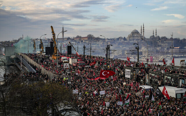 Thousands demonstrate against Israel amid the ongoing war in Gaza, in Istanbul, Turkey, January 1, 2024. (AP Photo/Emrah Gurel)
