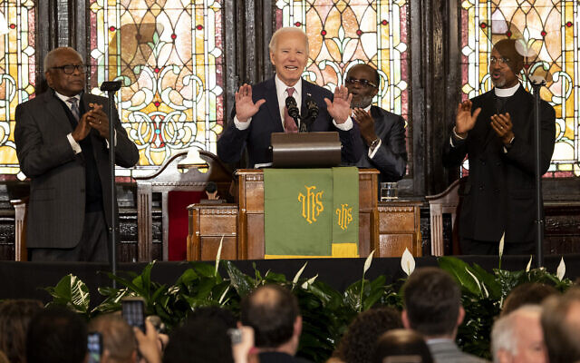 US President Joe Biden delivers remarks at Mother Emanuel AME Church in Charleston, South Carolina, on January 8, 2024, where nine worshippers were killed in a mass shooting by a white supremacist in 2015.  (AP Photo/Mic Smith)