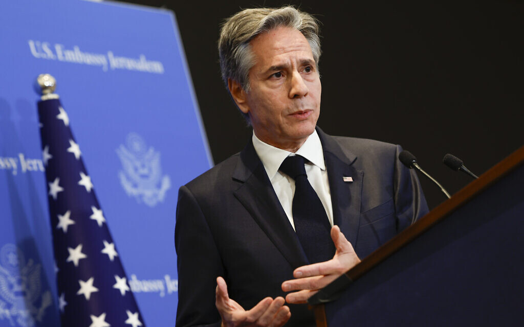 US Secretary of State Antony Blinken answers questions during a press conference in Tel Aviv, January 9, 2024. (Evelyn Hockstein/Pool Photo via AP)
