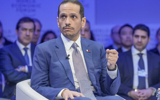 Mohammed Bin Abdulrahman Al Thani, prime minister and minister of Foreign Affairs of the State of Qatar attends the Annual Meeting of World Economic Forum in Davos, Switzerland, January 16, 2024. (AP/ Markus Schreiber)