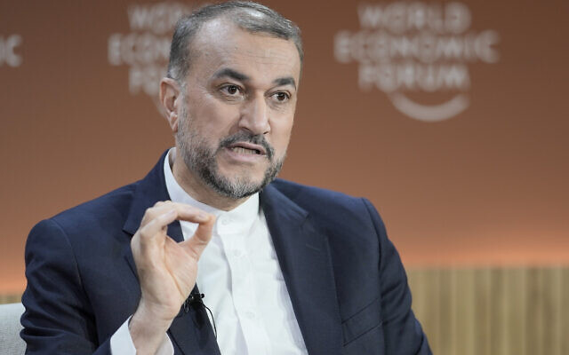 Iran's Foreign Minister Hossein Amir-Abdollahian gestures during a discussion at the Annual Meeting of World Economic Forum in Davos, Switzerland, Wednesday, Jan. 17, 2024.(AP Photo/Markus Schreiber)