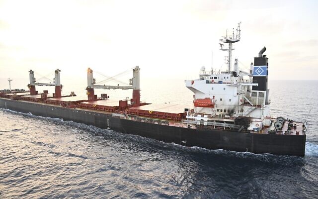 The US-owned ship Genco Picardy, which came under attack on January 17, 2024, from a bomb-carrying drone launched by Yemen's Houthi rebels in the Gulf of Aden, on January 18, 2024. (Indian Navy via AP, FIle)