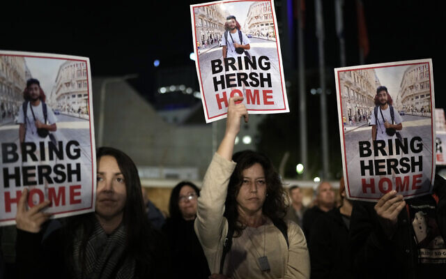 Israelis call for the release of hostages abducted by Hamas terrorists to Gaza on Oct 7, during a demonstration in Tel Aviv, Israel, Saturday Jan. 20, 2024. (AP Photo/Leo Correa)