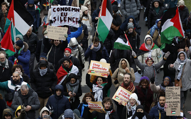 Demonstrators hold signs and wave flags during a pro-Palestinian and anti-Israel rally in Brussels, January 21, 2024. (AP Photo/Geert Vanden Wijngaert)