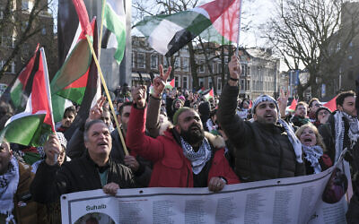 Illustrative: Pro-Palestinian activists in The Hague, Netherlands, January 26, 2024. (Patrick Post/AP)