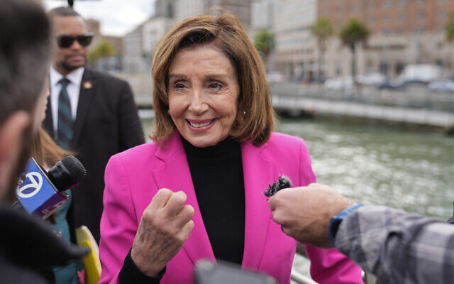 Speaker Emerita Nancy Pelosi talks with reporters after a news conference to address sea level rise along the city's waterfront in San Francisco, January 26, 2024. (AP Photo/Eric Risberg)