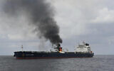 In this photo provided by the Indian Navy on Saturday, Jan. 27, 2024, a view of the oil tanker Marlin Luanda on fire after an attack, in the Gulf of Aden. (Indian Navy via AP)