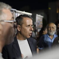 Ronen Tzur, a spokesperson for the Hostages and Missing Persons Families Forum, attends an event at 'Hostages Square,' calling on the Israeli government to act for immediate release of the hostages on October 28, 2023. (Gili Yaari /FLASH90)