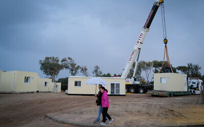 A caravan camp being built near Shefayim for evacuees from Kibbutz Kfar Aza. December 24, 2023 (Photo by Michael Giladi/Flash90 )