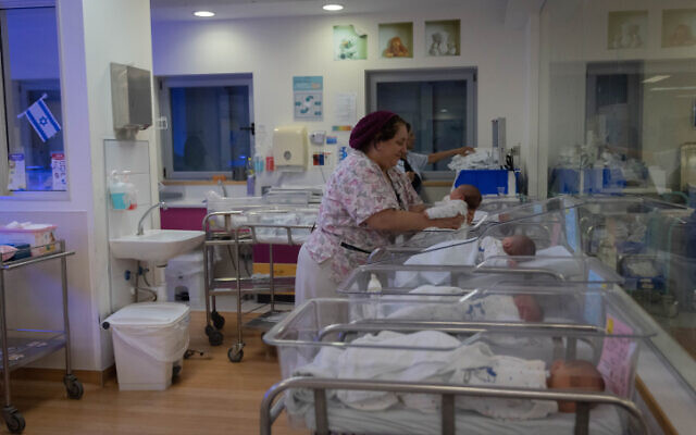 Newborn babies at Shaarei Tzedek hospital in Jerusalem, December 31, 2023. (Chaim Goldberg/Flash90)