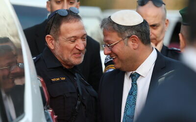 National Security Minister Itamar Ben Gvir (right) and Police Chief Kobi Shabtai at the funeral of Border Police officer Sgt. Shay Germay at Karmiel military cemetery on January 7, 2024. (David Cohen/Flash90)