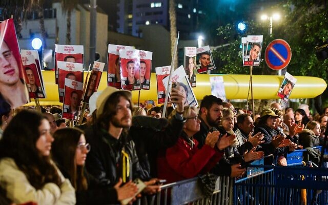 People attend a rally calling for the release of Israelis kidnapped by Hamas terrorists to Gaza at "Hostage Square" in Tel Aviv, January 27, 2024. (Avshalom Sassoni/Flash90)