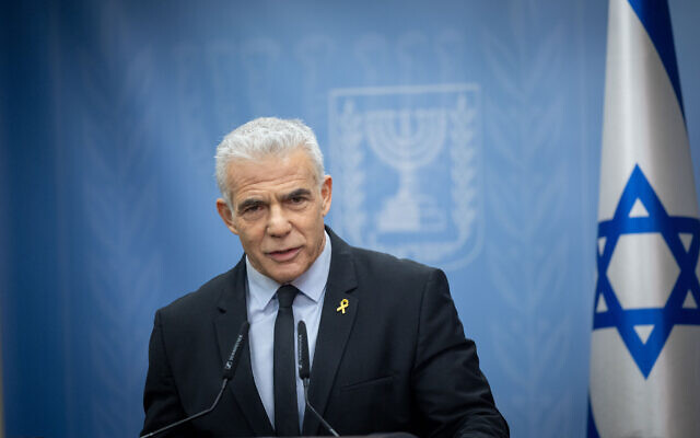 Opposition Leader and Yesh Atid MK Yair Lapid leads a faction meeting at the Knesset on January 29, 2024 (Yonatan Sindel/Flash90)