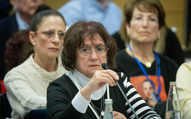 Bella Haim, the grandmother of Yotam Haim who was killed by Israeli soldiers after trying to escape from Hamas captivity in the Gaza Strip, speaks during a special conference to mark International Holocaust Day at the Knesset, on January 30, 2024. (Chaim Goldberg/Flash90)