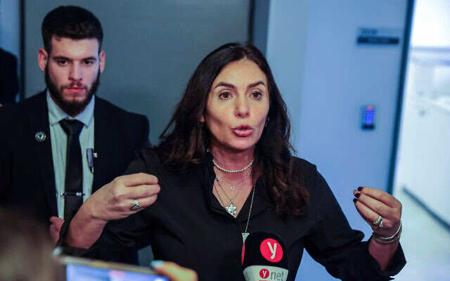 Transportation Minister Miri Regev speaks to the media after a court hearing at the Magistrate's Court in Tel Aviv, January 31, 2024 (Flash90)