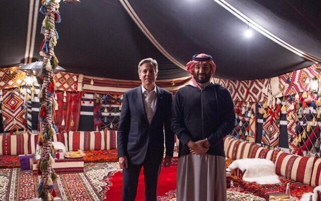 US Secretary of State Antony Blinken and Saudi Crown Prince Mohammed bin Salman in a tent on January 8, 2024. (Saudi Press Agency)