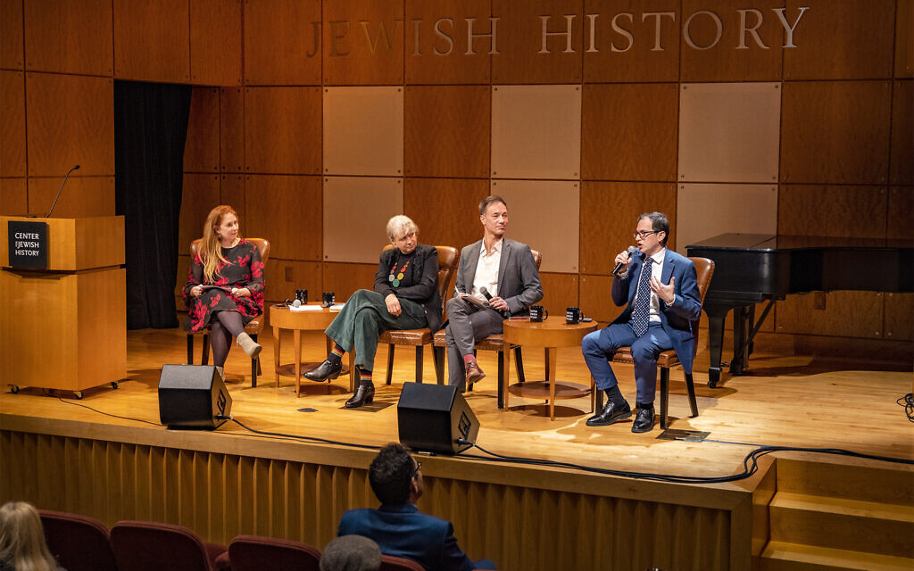 Participants on a panel exploring digital media and antisemitism at the Center for Jewish History, January 28, 2024. From left to right: Jennifer Evans, Sabine von Mering, Günther Jikeli, and Mike Rothschild. (John Halpern)