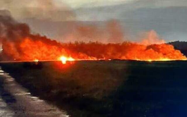 A fire burning in a field in the Shfela region following a military drone crash on January 29, 2024. (Courtesy)
