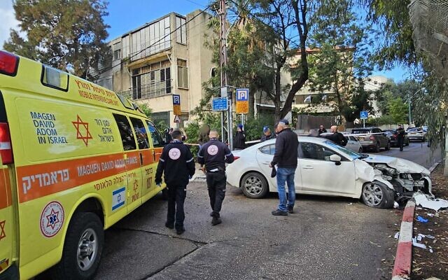 The scene of a suspected ramming attack in Haifa on January 29, 2024. (Courtesy Magen David Adom)