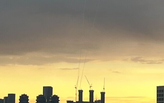 Iron Dome interceptions over Tel Aviv following rocket fire from Gaza on January 29, 2024. (Times of Israel)