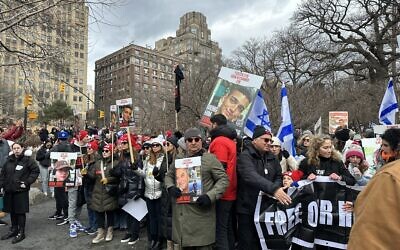Part of the 2,000-strong crowd at Marching and Running for Their Lives in Central Park, in New York, January 14, 2024. (Jordana Horn/Times of Israel)
