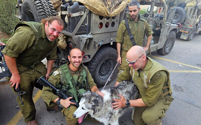 Israeli reservists pose with a dog they brought out of Gaza in December 2023. (Courtesy of Glass Walls)