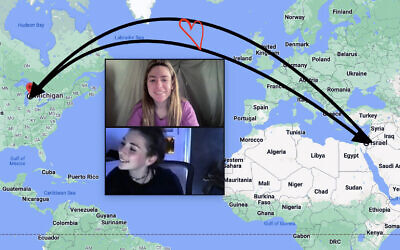 Composite image showing One2One participants on an undated video call, over a map connecting the US and Israel. (courtesy)