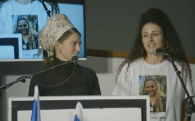 Emuna Libman, left, and Yarden Gonen, sisters of hostages at a solidarity event for the hostages at the Tel Aviv Museum of Art on January 10, 2024. (Screenshot)