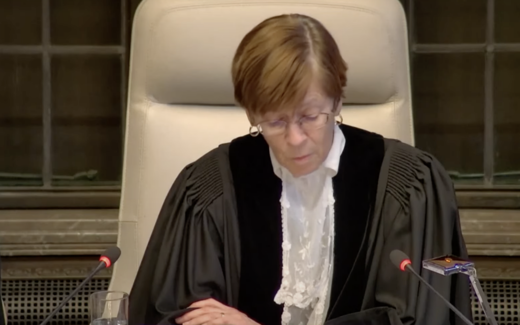 President of the International Court of Justice Judge Joan E Donoghue delivers a ruling on South Africa’s request for emergency measures against Israel as part of its accusations of state-led "genocide" in Gaza, January 26, 2024. (Youtube screenshot)