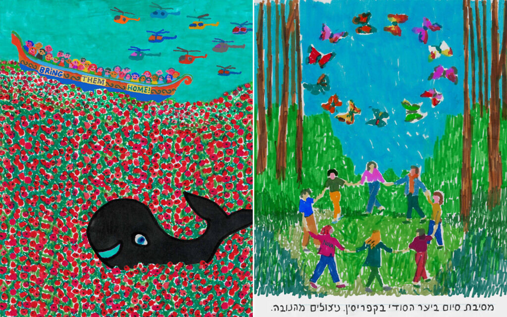 On the left, a whale in a sea of anemones, the flower of the Negev bringing home a ship full of hostages; on the right, Nova desert rave survivors attempt to recover in Cyprus (Courtesy)