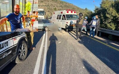 The scene of a terror shooting attack on the West Bank's Route 465 on January 7, 2024 (Magen David Adom); Inset: An image of Amar Mansour, 33, killed in the attack (Courtesy)