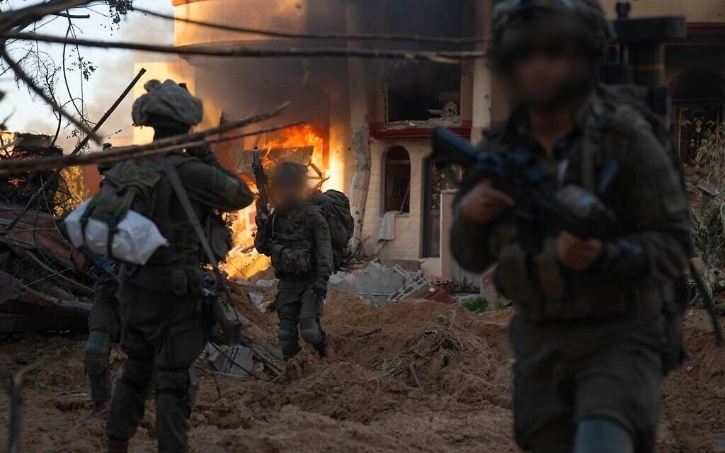 This image released by the IDF on January 25, 2024, shows troops of the Commando Brigade operating in southern Gaza's Khan Younis. (Israel Defense Forces)