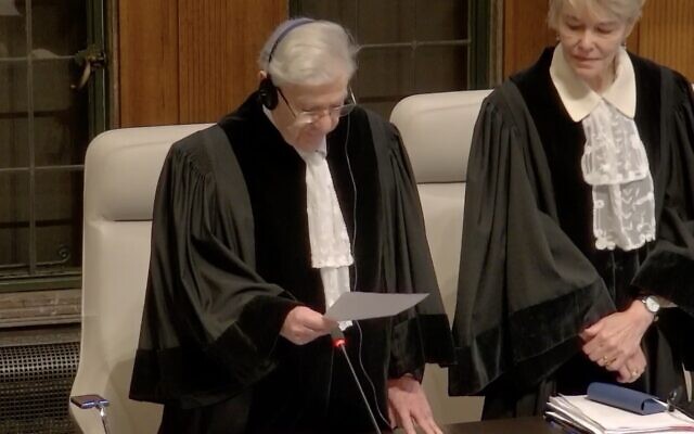 Retired Supreme Court President Aharon Barak is sworn in as Israel’s appointee to the bench at the International Court of Justice in The Hague, January 11, 2024 (Screen grab)