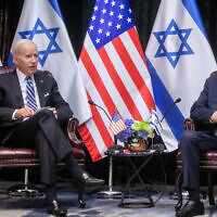File: Prime Minister Benjamin Netanyahu (right) meets with US President Joe Biden in Tel Aviv, October 18, 2023. (Miriam Alster/ Flash90)