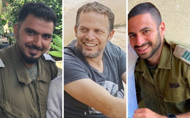 A composite image of Major (res.) Netzer Simchi, 30, left, Warrant officer (res.) Yuval Nir, 43, center, and Captain (res.) Gavriel Shani, 28, right, killed in Gaza on January 30, 2024. (Israel Defense Forces)
