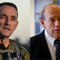 Left: IDF Chief of Staff Herzi Halevi gives a statement to the media at an army base in southern Israel, December 26, 2023; Right: State Comptroller Matanyahu Englman walk at the Knesset, in Jerusalem, on December 28, 2022. (Flash90)