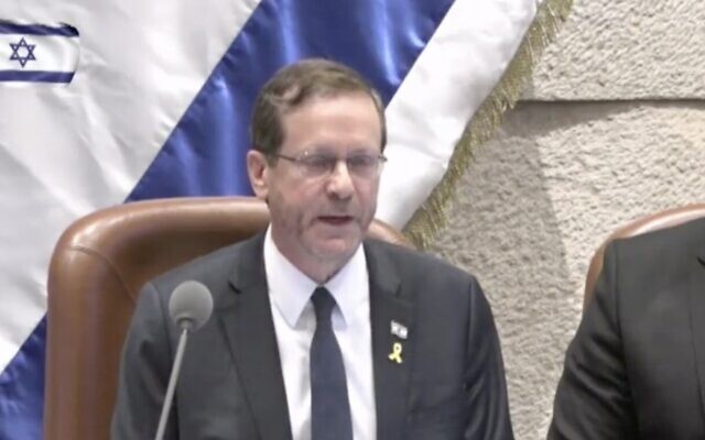 President Isaac Herzog at a special session marking 75 years since the establishment of the parliament in Jerusalem, January 24, 2023 (Screen grab used in accordance with Clause 27a of the Copyright Law)