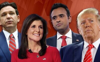 From left to right: Ron DeSantis, Nikki Haley, Vivek Ramaswamy and Donald Trump. (Getty Images via JTA; Design by Mollie Suss)